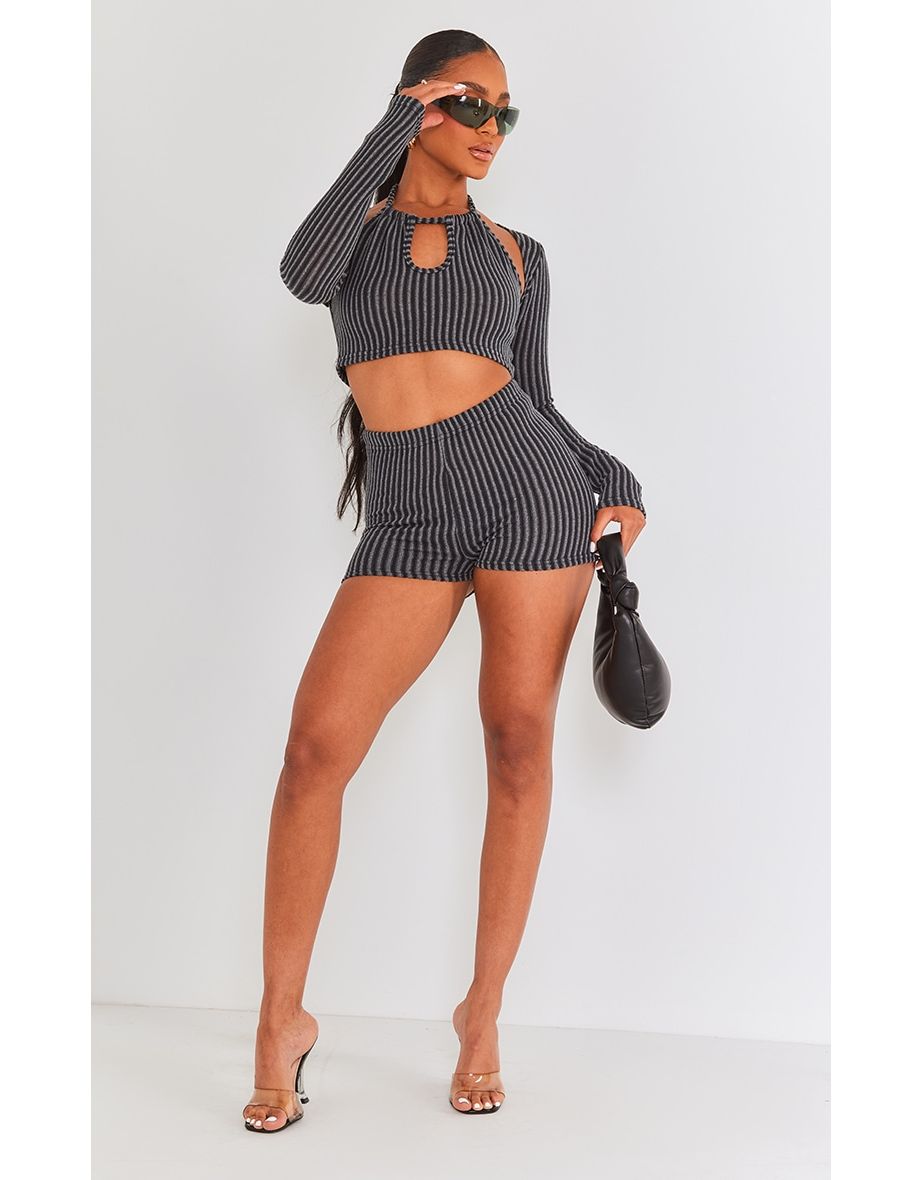 Black Textured Rib High Waist Hot Pants