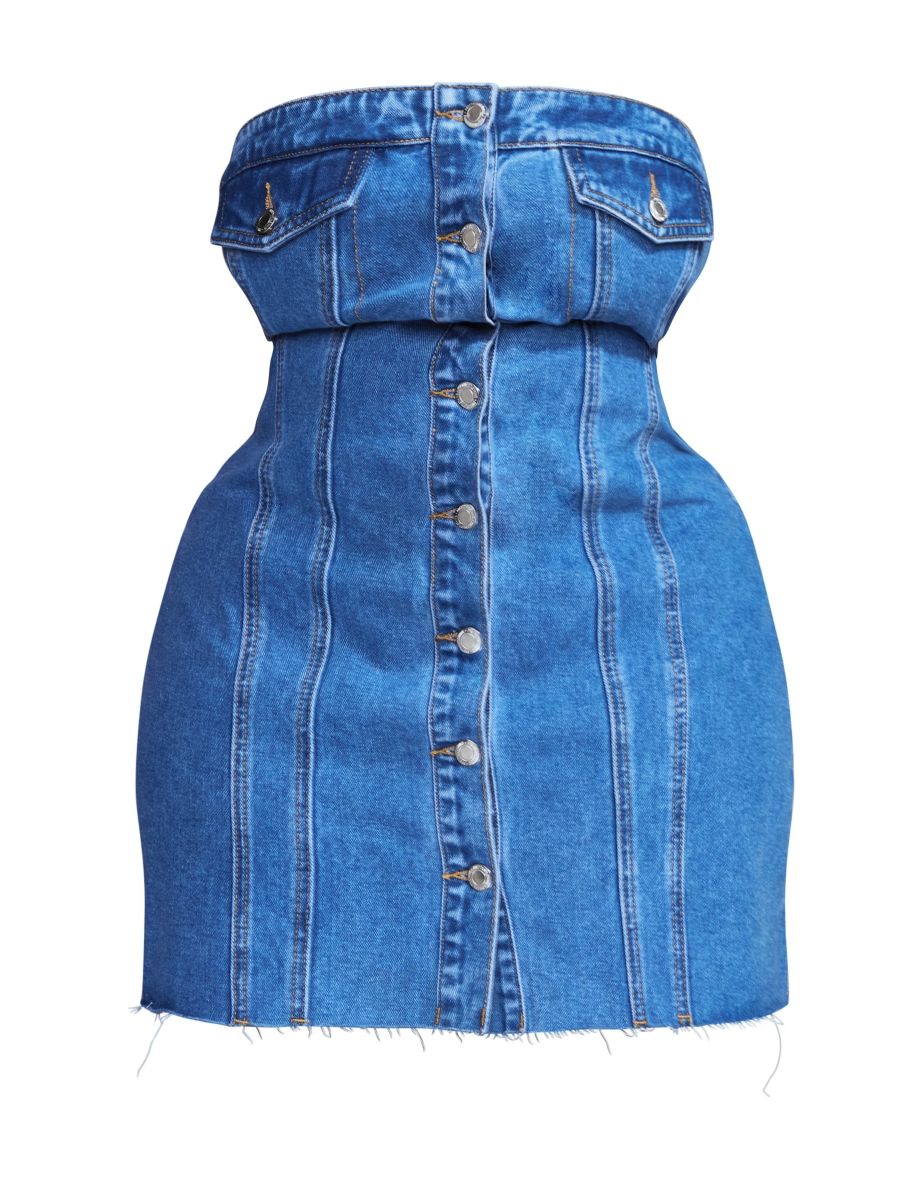 Plus Mid Blue Wash Corset Button Up Bodycon Dress - 4