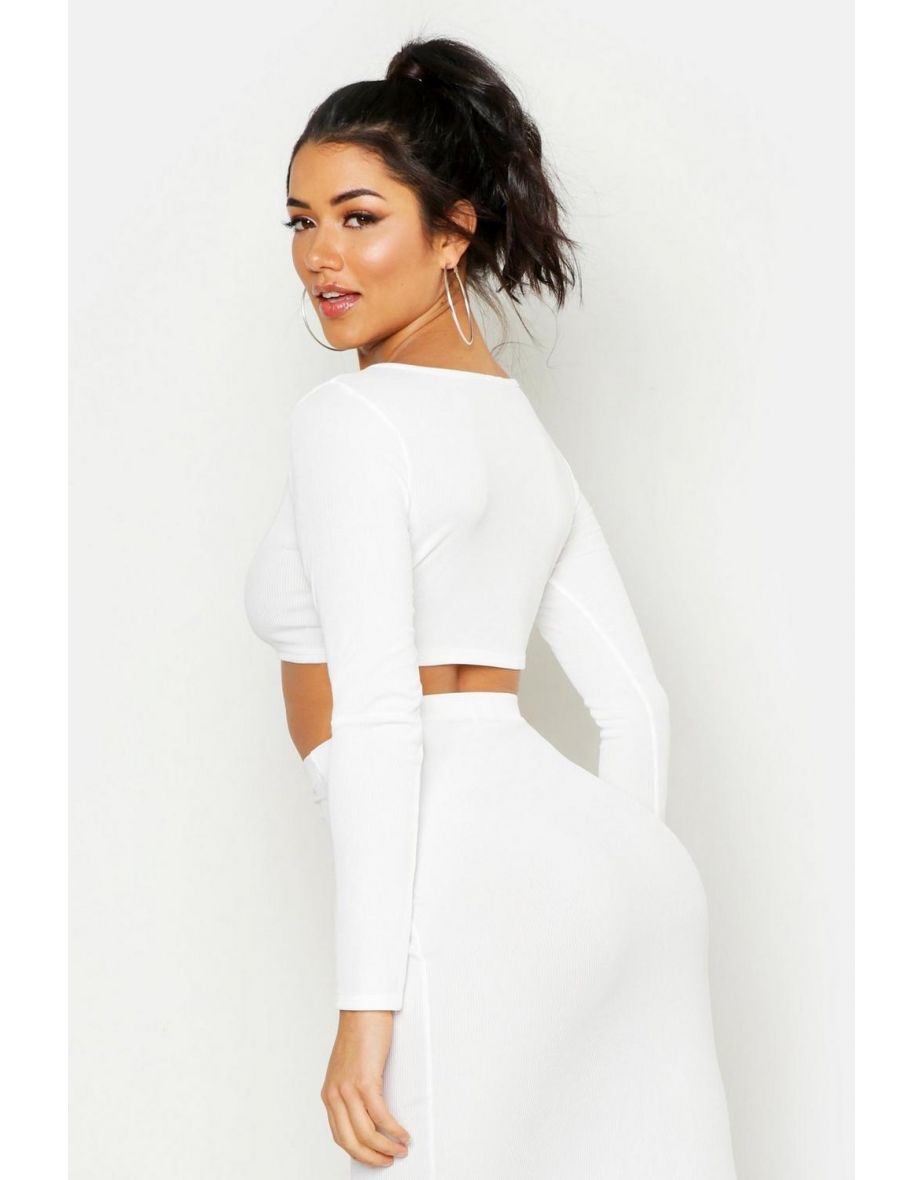 Long Sleeve Crop & Midaxi Skirt Rib Co-Ord - ivory - 3
