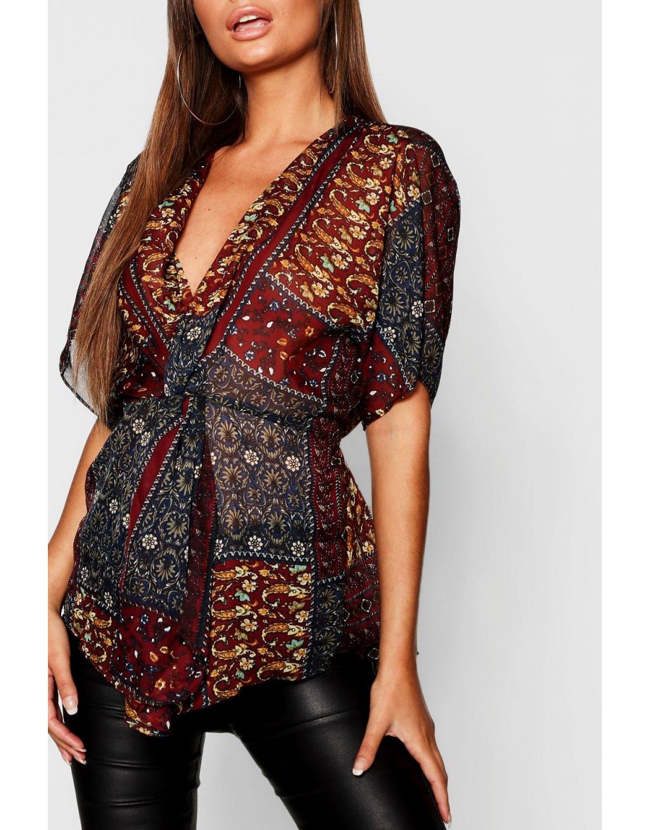 Boho Print Knot Front Blouse - berry - 3