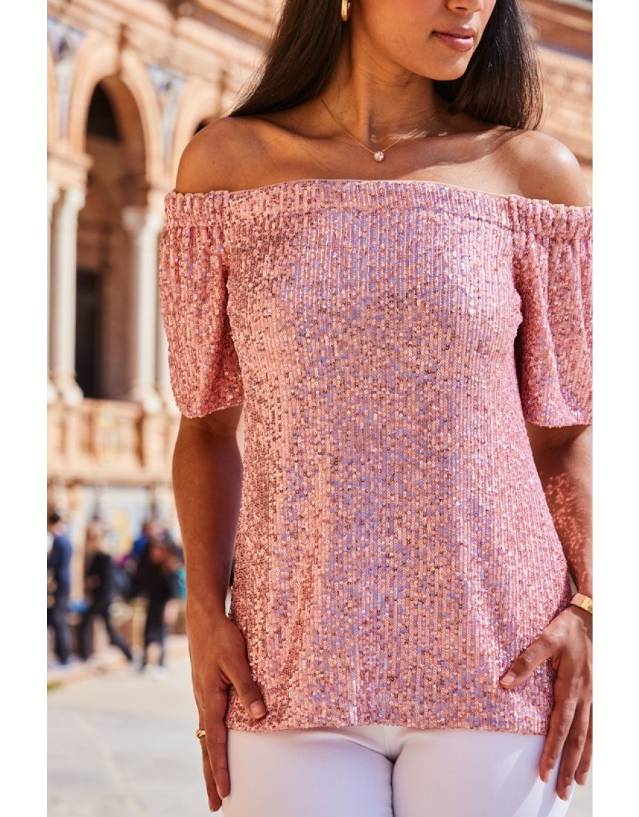 Pink Sequin Bardot Short Sleeve Top - 4