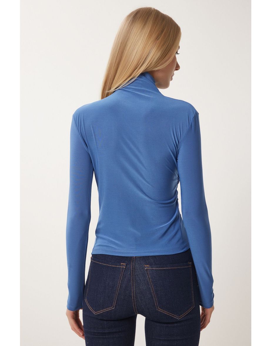Women's Indigo Blue Gathered Detailed High Neck Sandy Blouse - 3