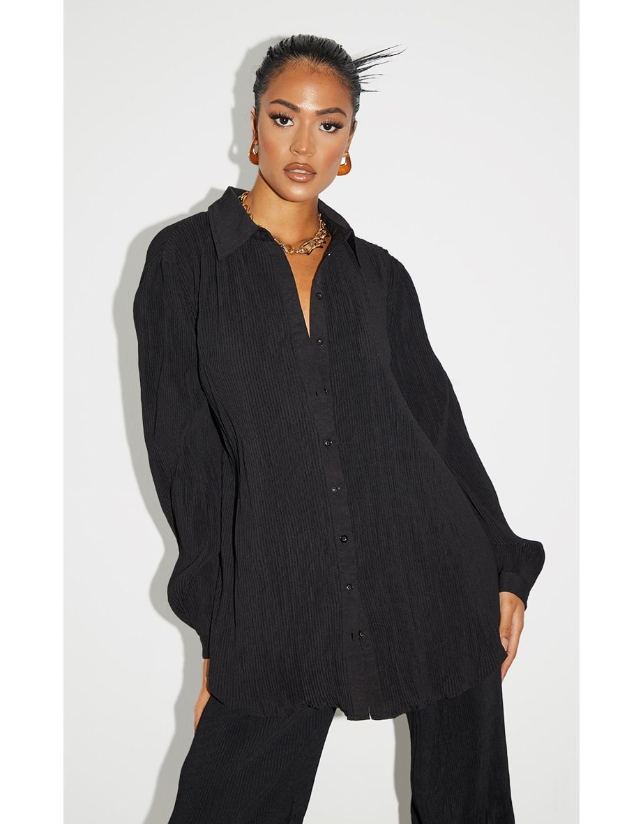 Tall  Black Plisse Oversized Cuff Detail Shirt