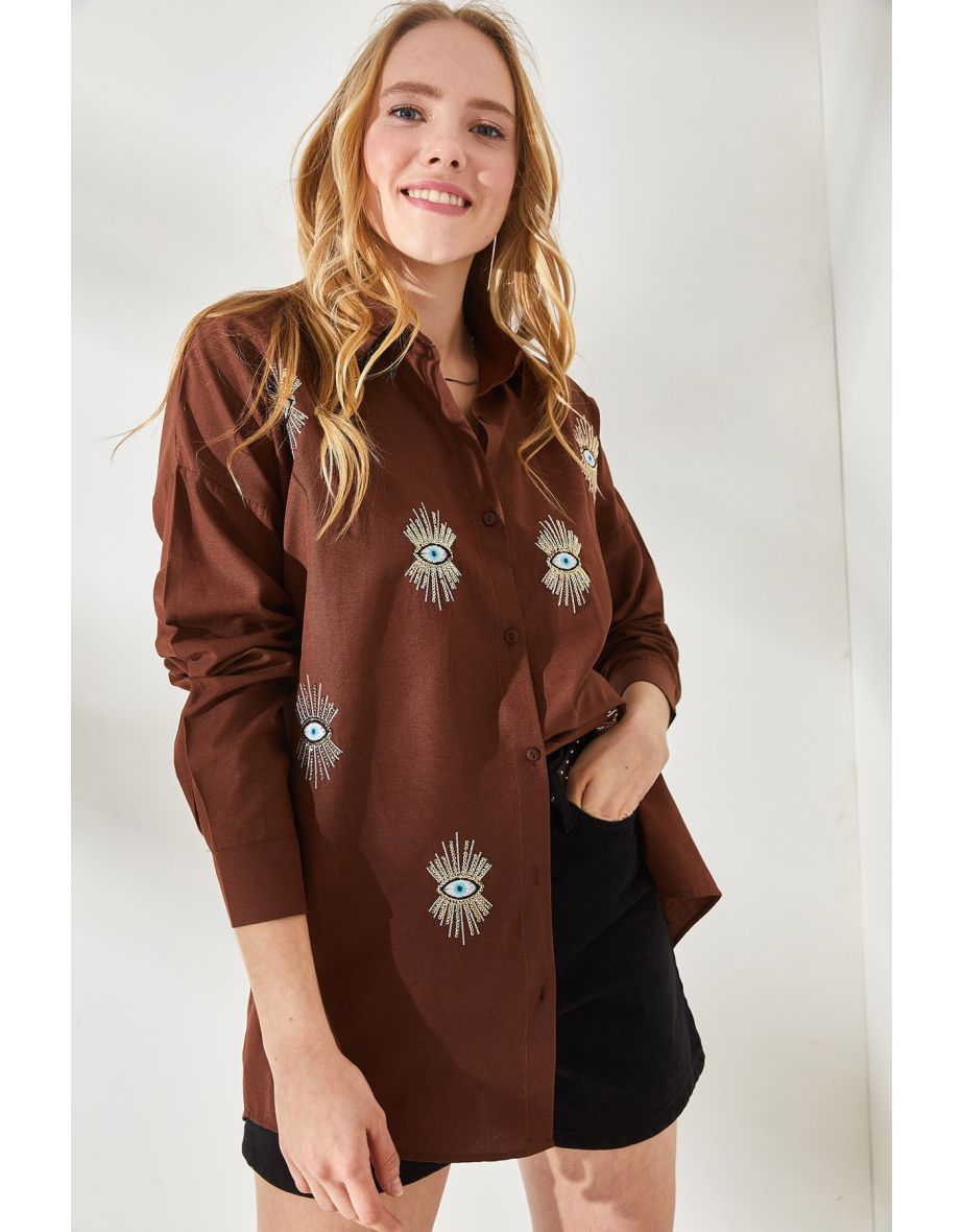 Women's Bitter Brown Sequin Detailed Woven Boyfriend Shirt