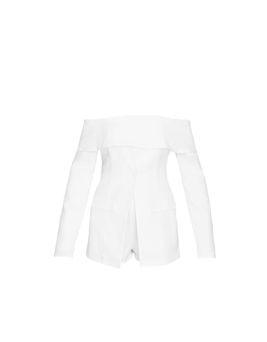 White Tailored Off The Shoulder Long Sleeve Playsuit - 4