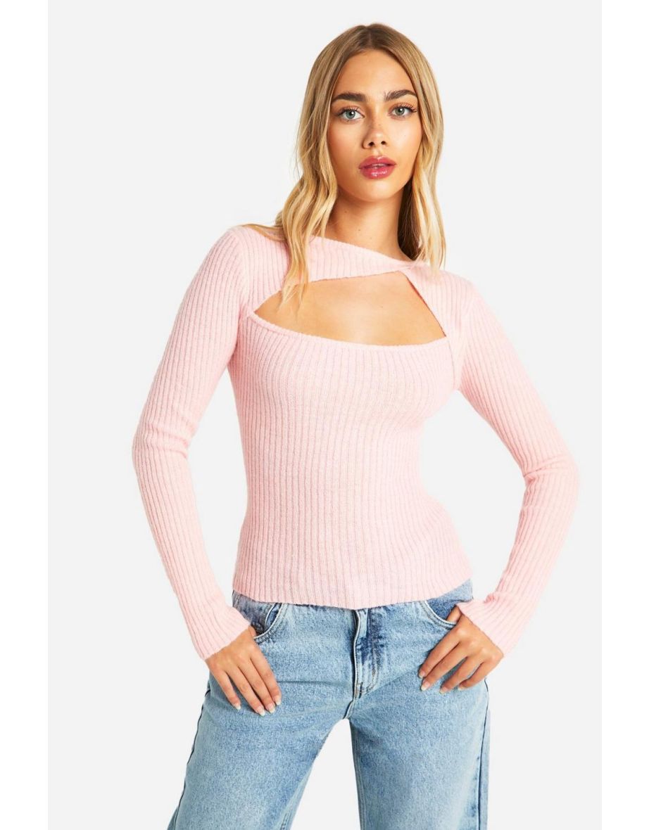 Rib Knitted Long Sleeve Top - light pink
