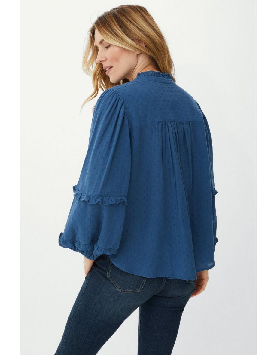 Frill Trim Moss Dot Top - denim - 3