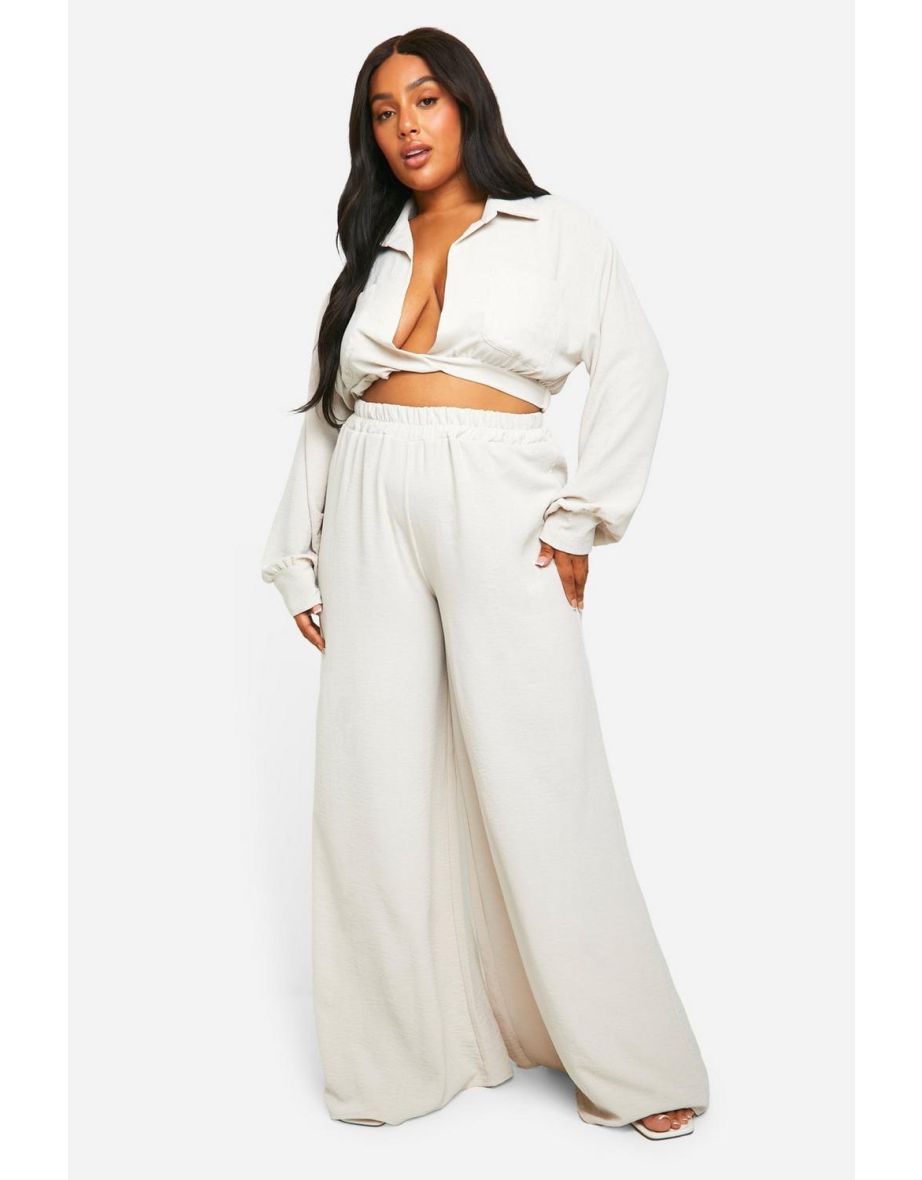 Plus Hammered Twist Front Shirt And Trouser Set - stone