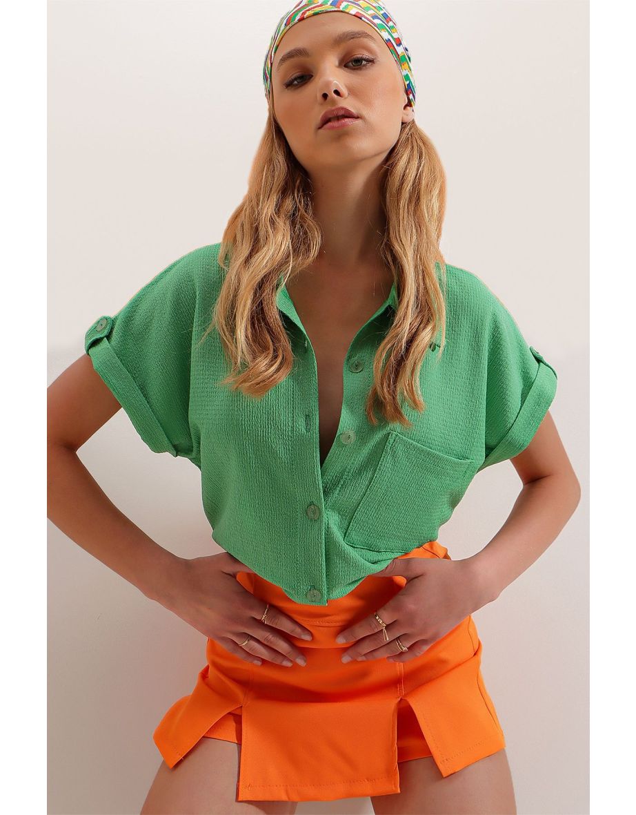 Women's Emerald Green Cuffed Double Short Sleeve Textured Shirt