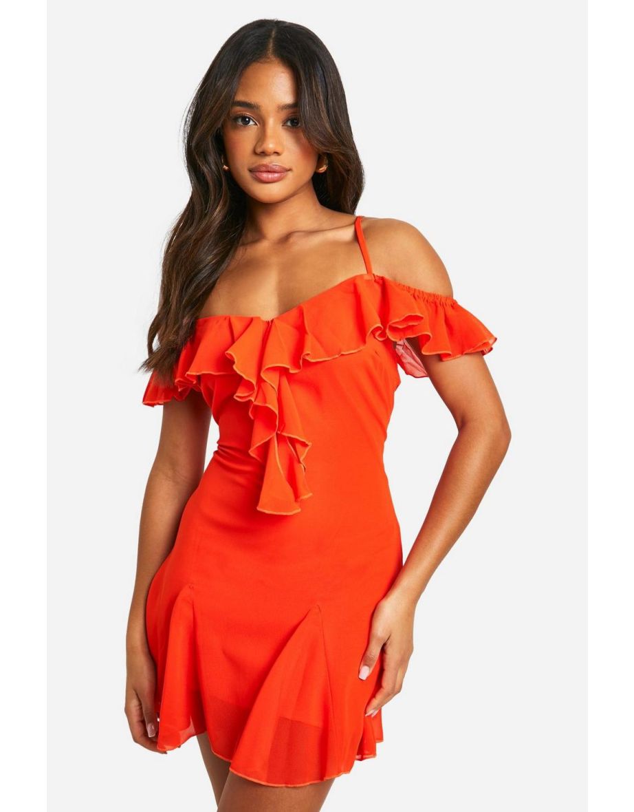 Chiffon Cold Shoulder Mini Dress - orange