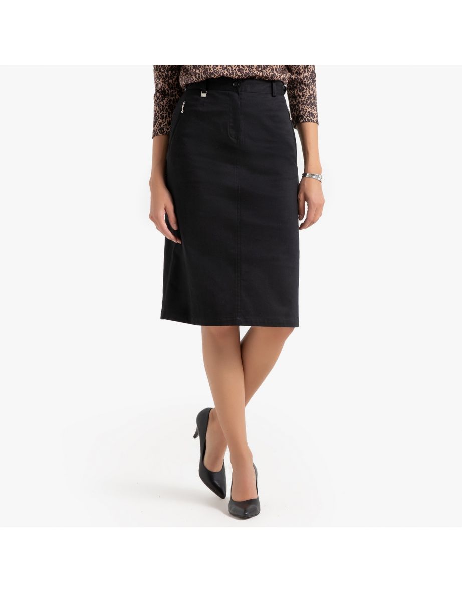 Cotton Satin Stretch Pencil Skirt in Knee-Length