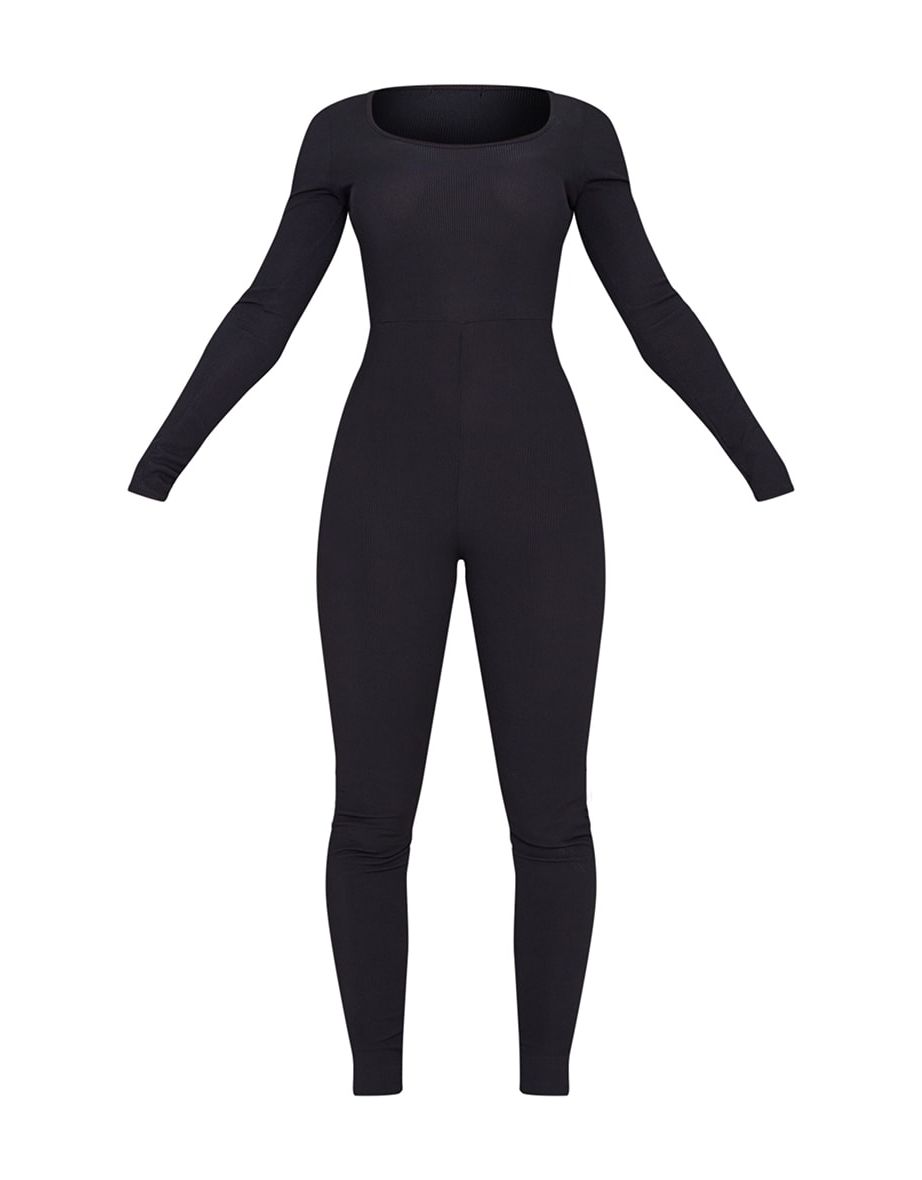 Black Ribbed Long Sleeve Scoop Neck Jumpsuit - 4