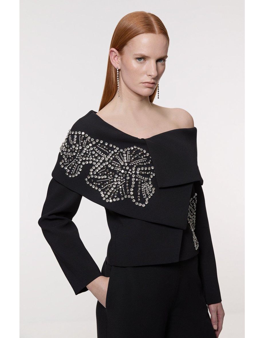 Placed Floral Crystal Embellished Tailored Asymmetric Jacket