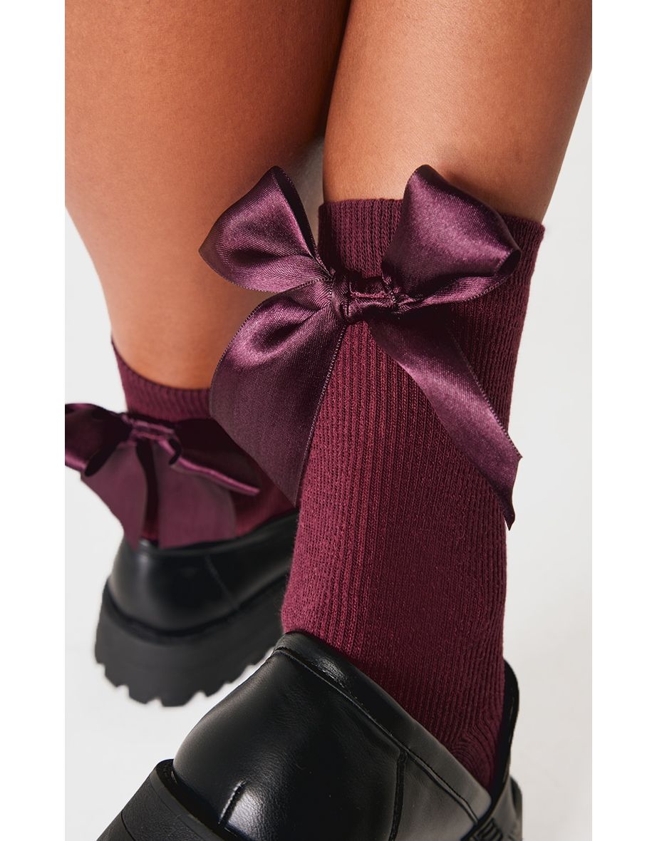 Burgundy Satin Bow Ribbed Ankle Socks