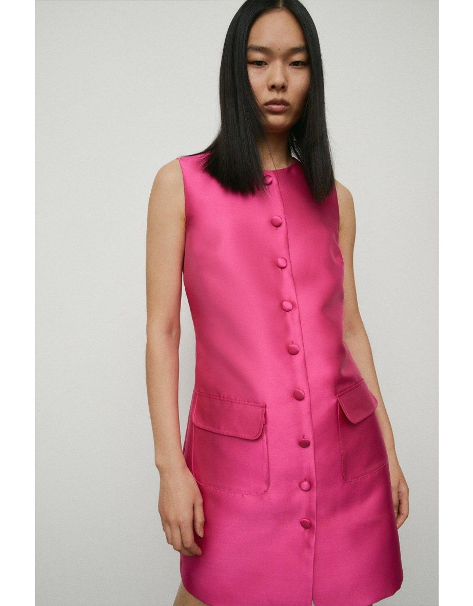 Button Through Satin Twill Shift Dress