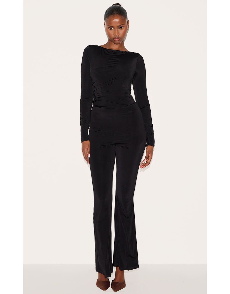 Black Double Layer Slinky Gathered Long Sleeve Wide Leg Jumpsuit