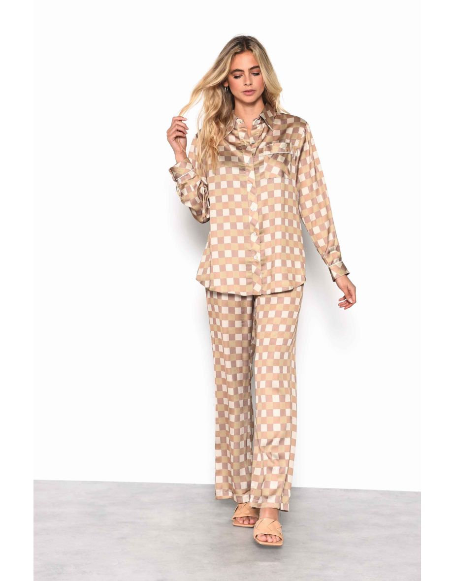 Glamorous Brown Khaki Check Oversized Pyjama Style Shirt