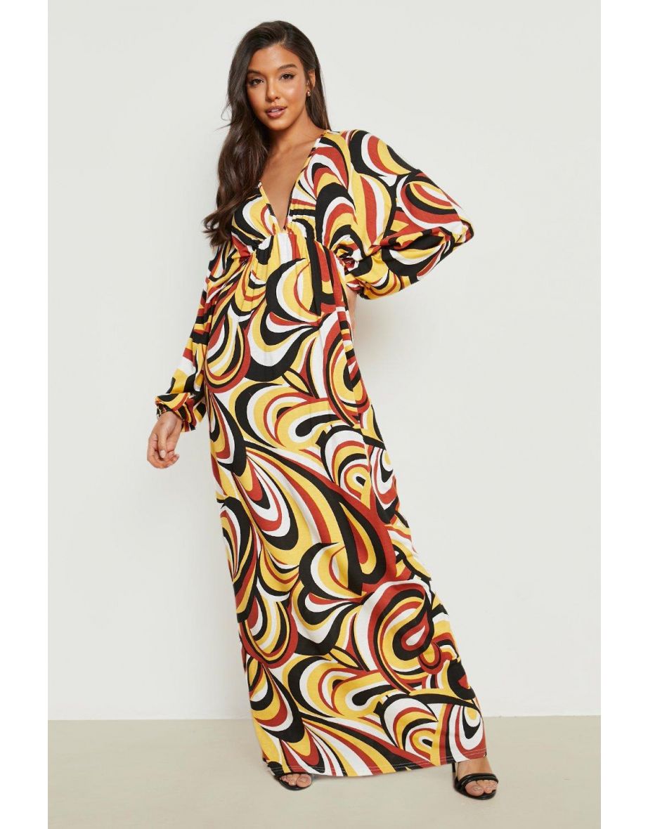 Shop Abstract Print Batwing Maxi Dress mustard Online in Qatar VogaCloset