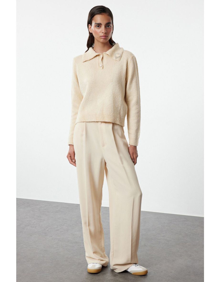 Stone Soft Textured Bronze Detailed Knitwear Sweater