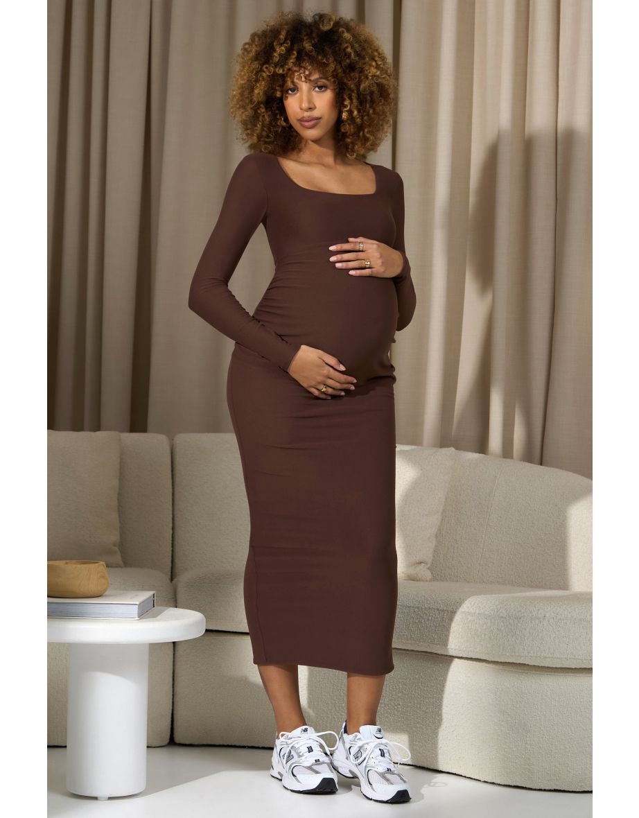 Leonora | Chocolate Brown Square-Neck Long-Sleeve Split Maternity Maxi Dress