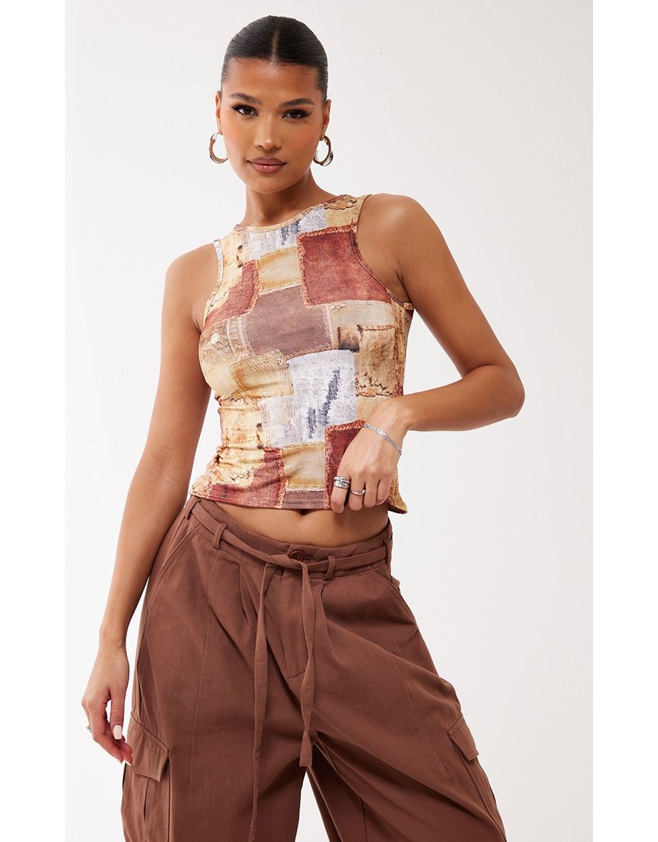 Brown Denim Print Slinky Racer Top