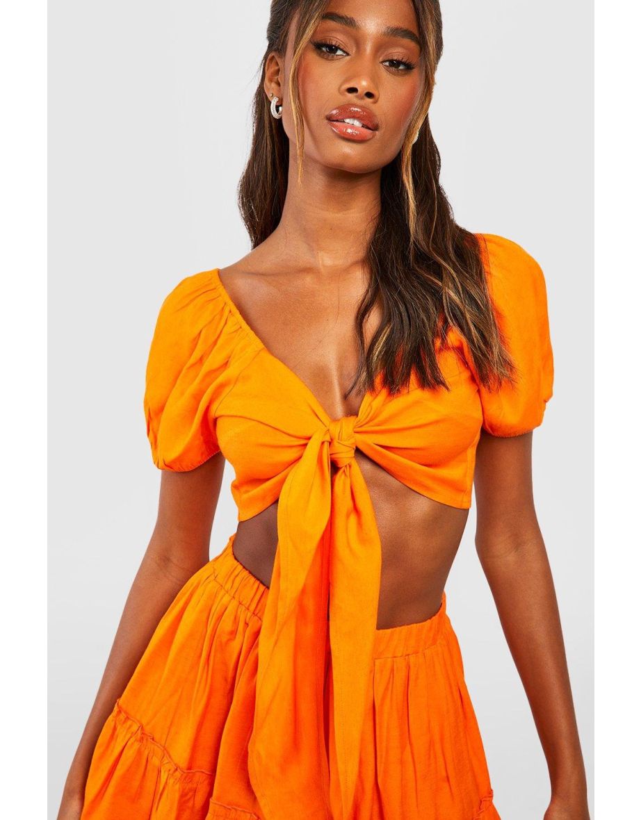 Linen Look Knot Crop & Tiered Mini Skirt - 3