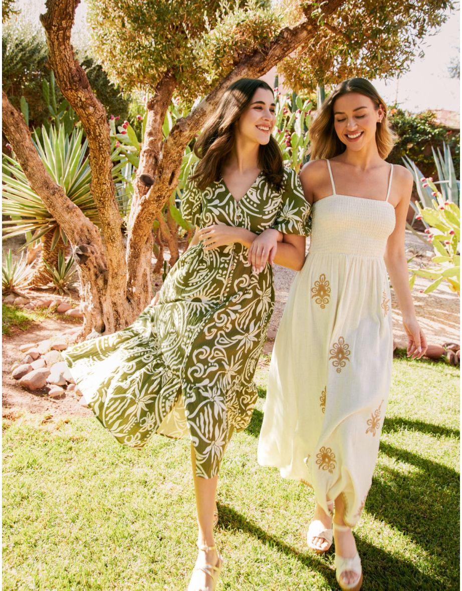 Printed Puff Sleeve Shirred Waist Midi Dress - 6