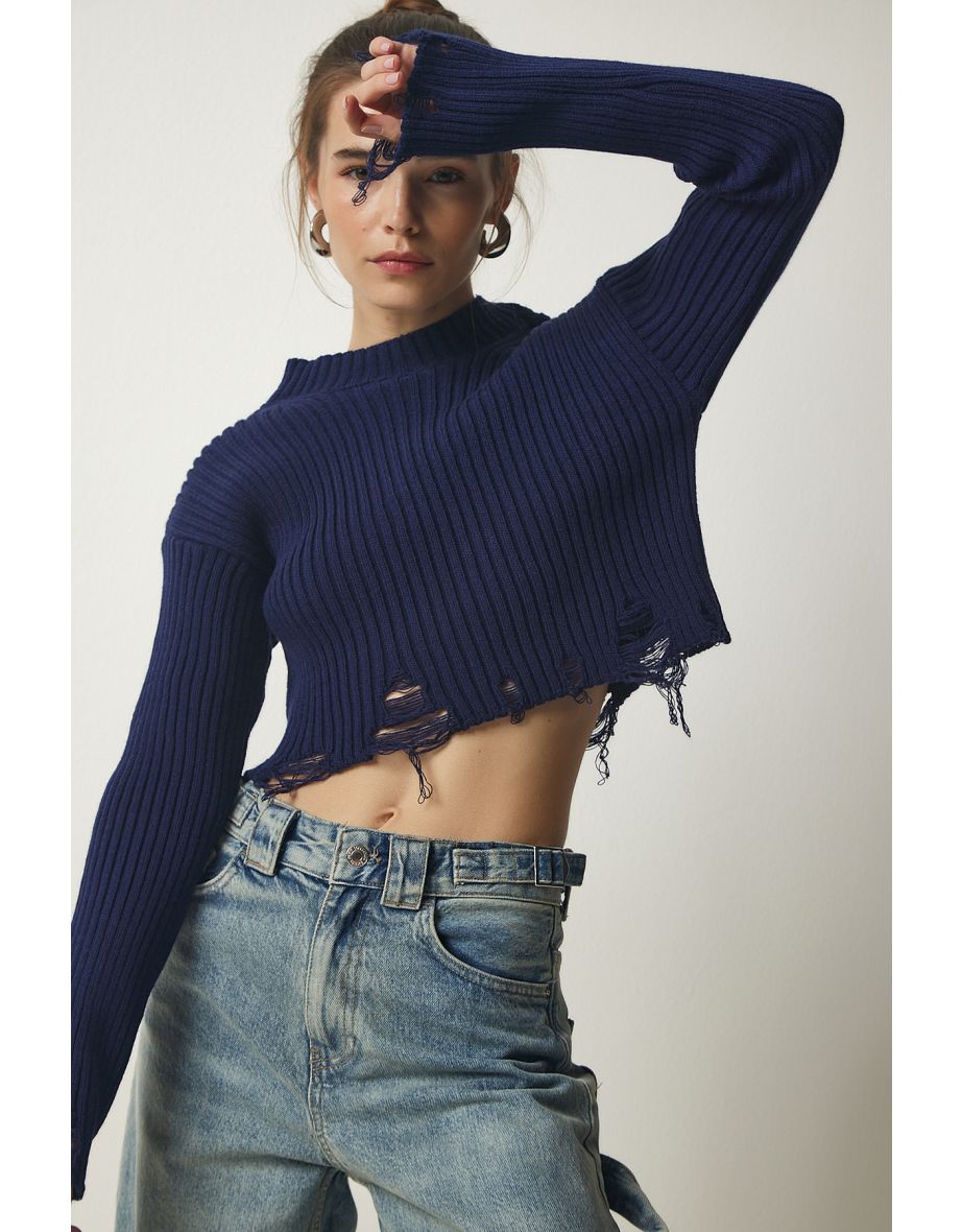 Navy blue crop top sweater best sale