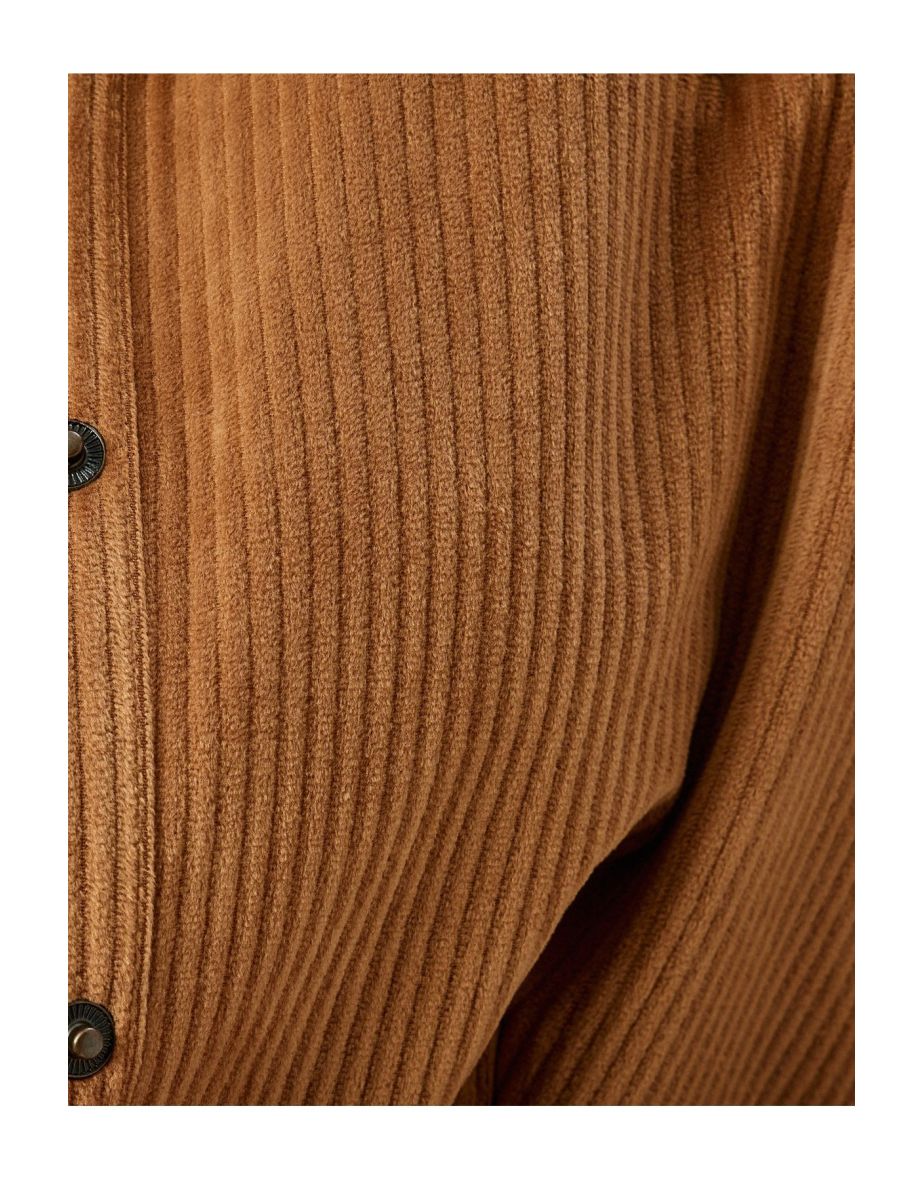 Faux Leather Collar Corduroy Snap Button Shirt - 5