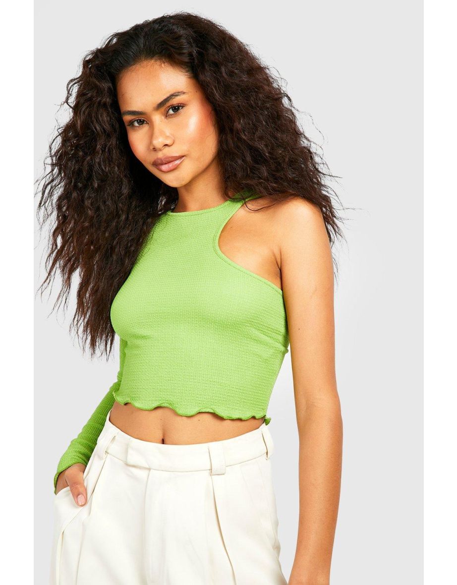Cut Out Shoulder Long Sleeve Lettuce Hem Crop Top - green - 3