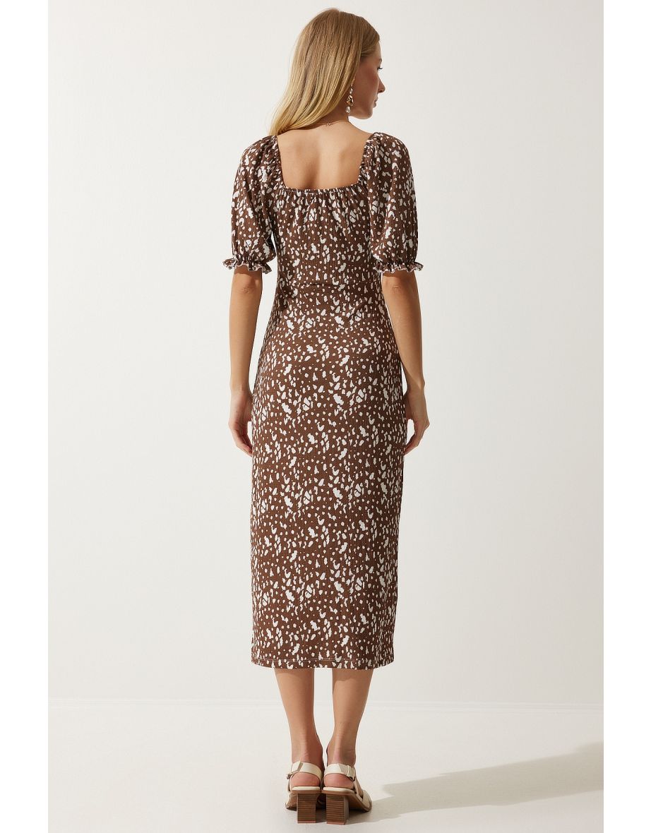 Women's Brown White Elastic Carmen Collar Summer Viscose Dress - 8