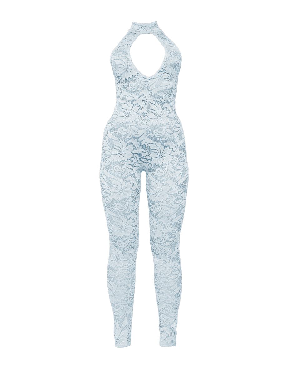 Baby Blue Lace Halter Neck Backless Jumpsuit - 4