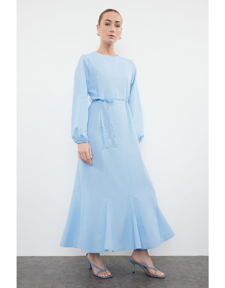 Blue Belted Woven Cotton Dress