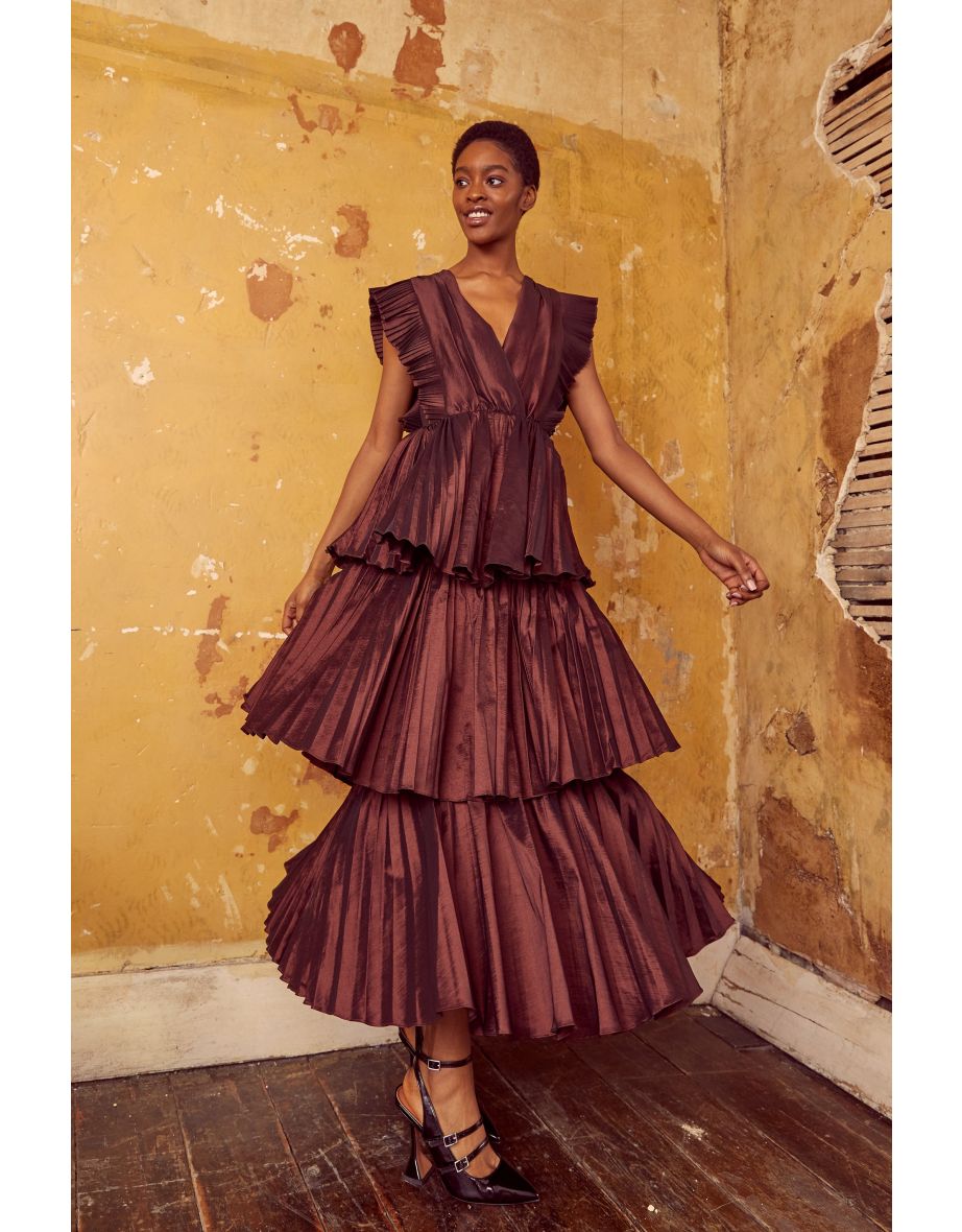 Chocolate Taffeta Pleated Tiered Midaxi Dress