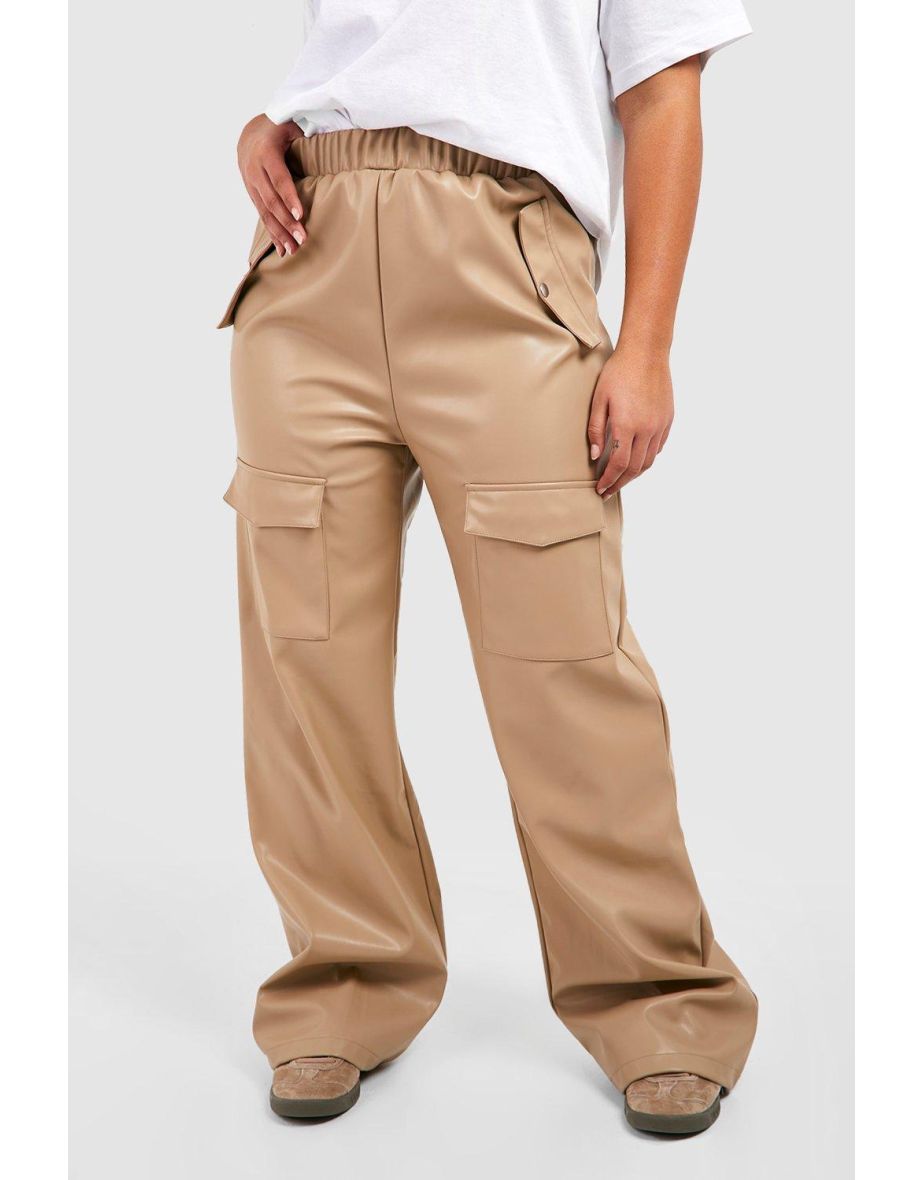 Plus Leather Look Cargo Trousers - taupe - 3