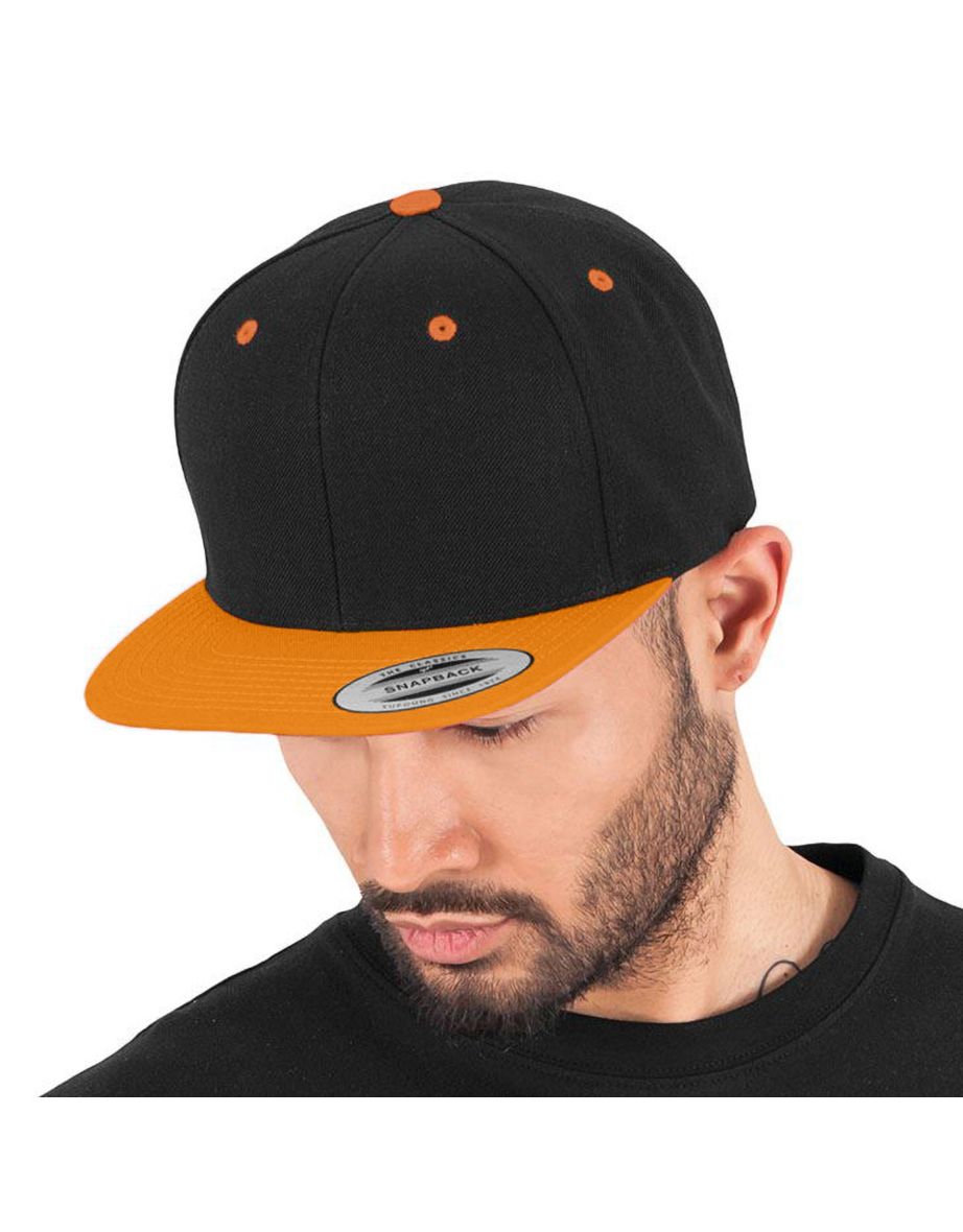 Yupoong Mens The Classic Premium Snapback 2-Tone Cap - Black/Neon Orange - 1