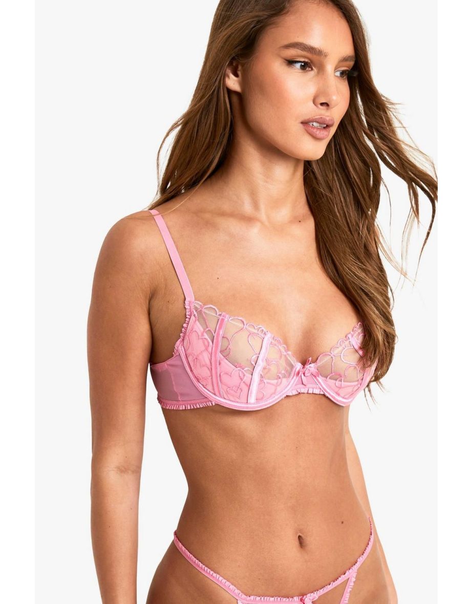 Valentines Heart Embroidered Quarter Cup Balconette Bra - pink