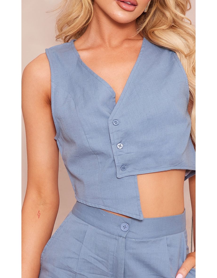 Blue Linen Look Asymmetric Waistcoat - 3