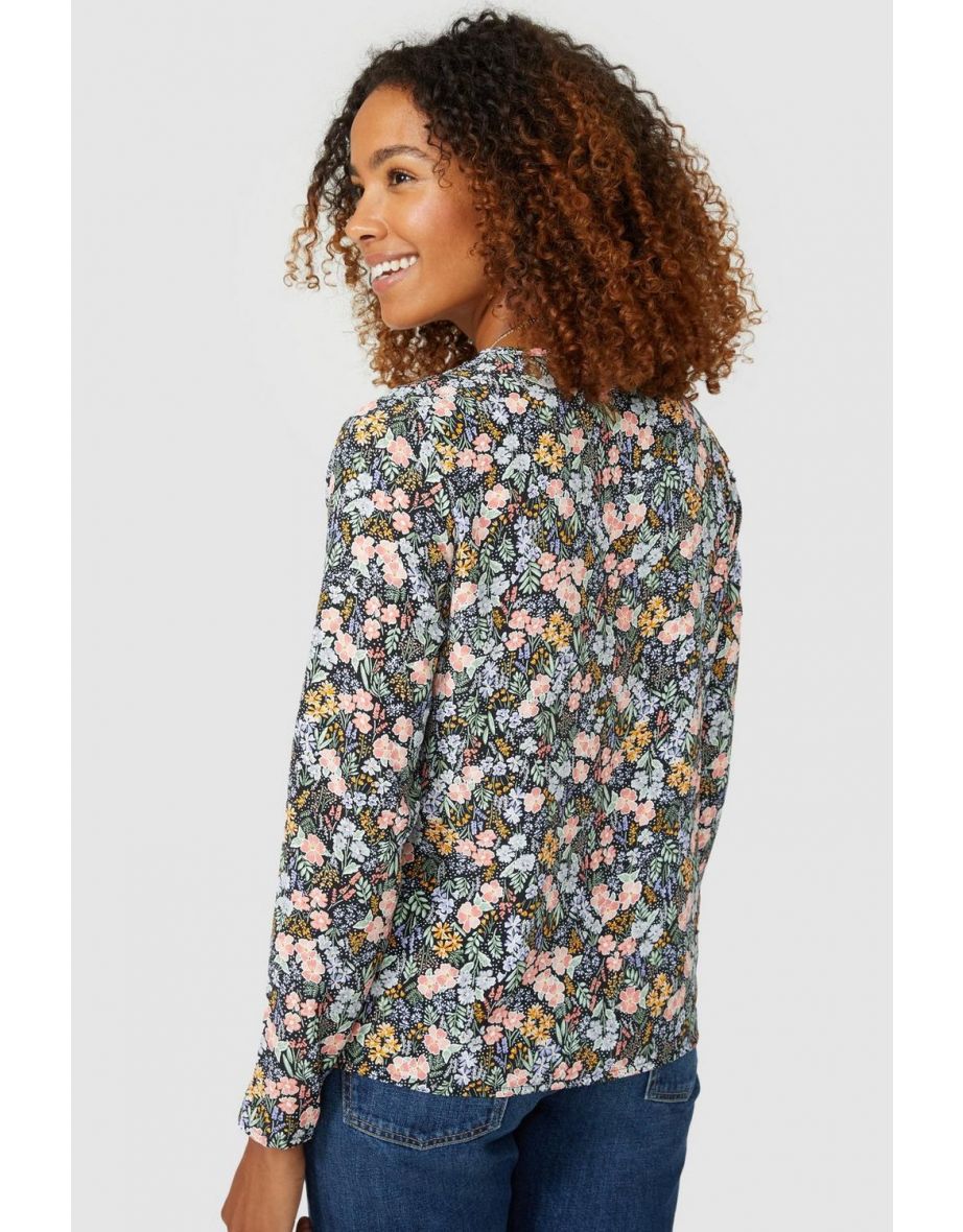 Wrap Front ¾ Sleeve Ditsy Print Top - black - 3