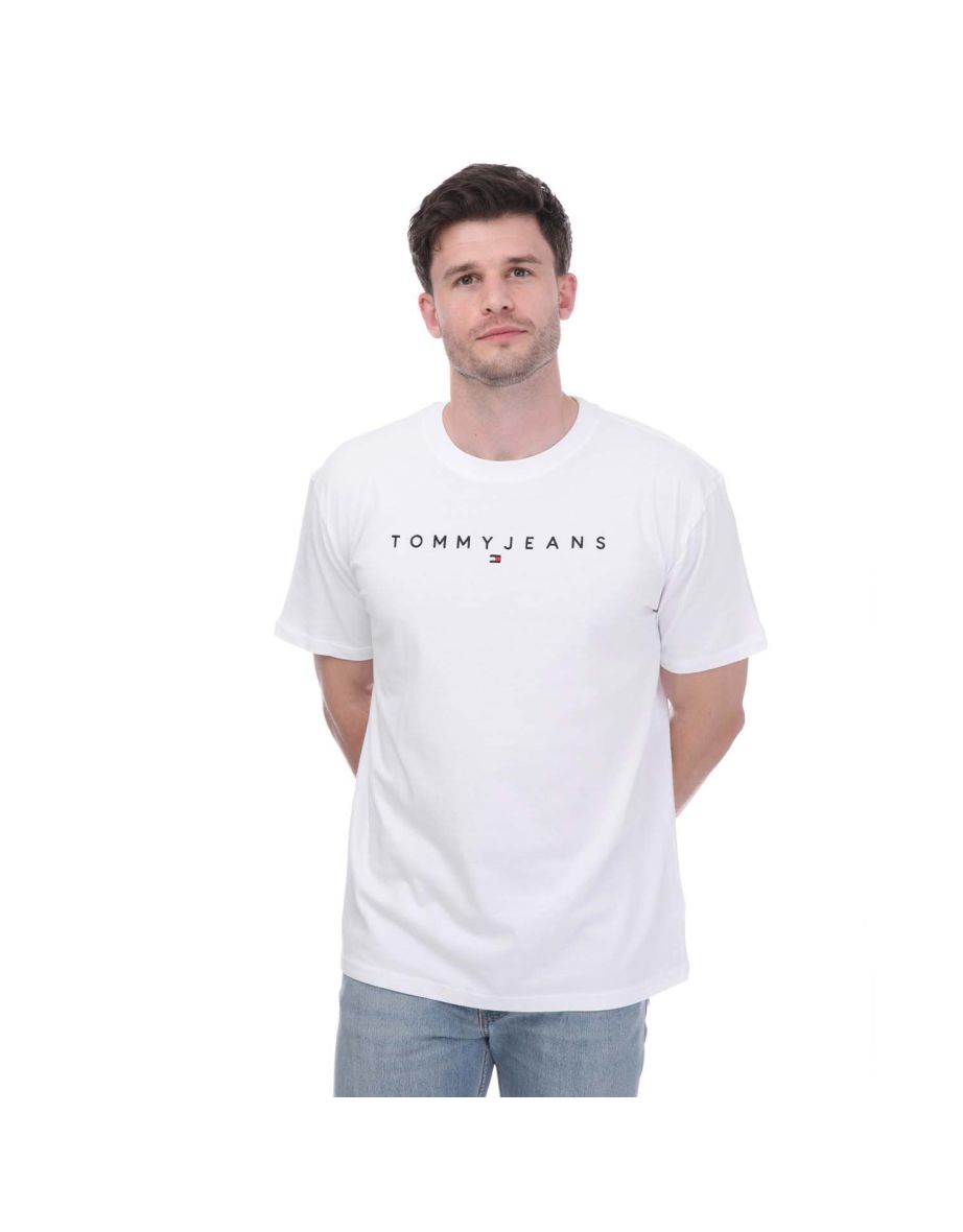 Shop Men s Tommy Hilfiger Tommy Jeans Regular Linear Logo T Shirt in White Online in Qatar VogaCloset