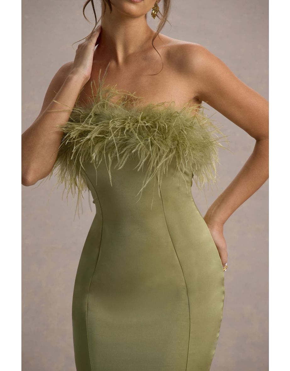 One And Only | Light Green Satin Feather Trim Midi Dress - 5