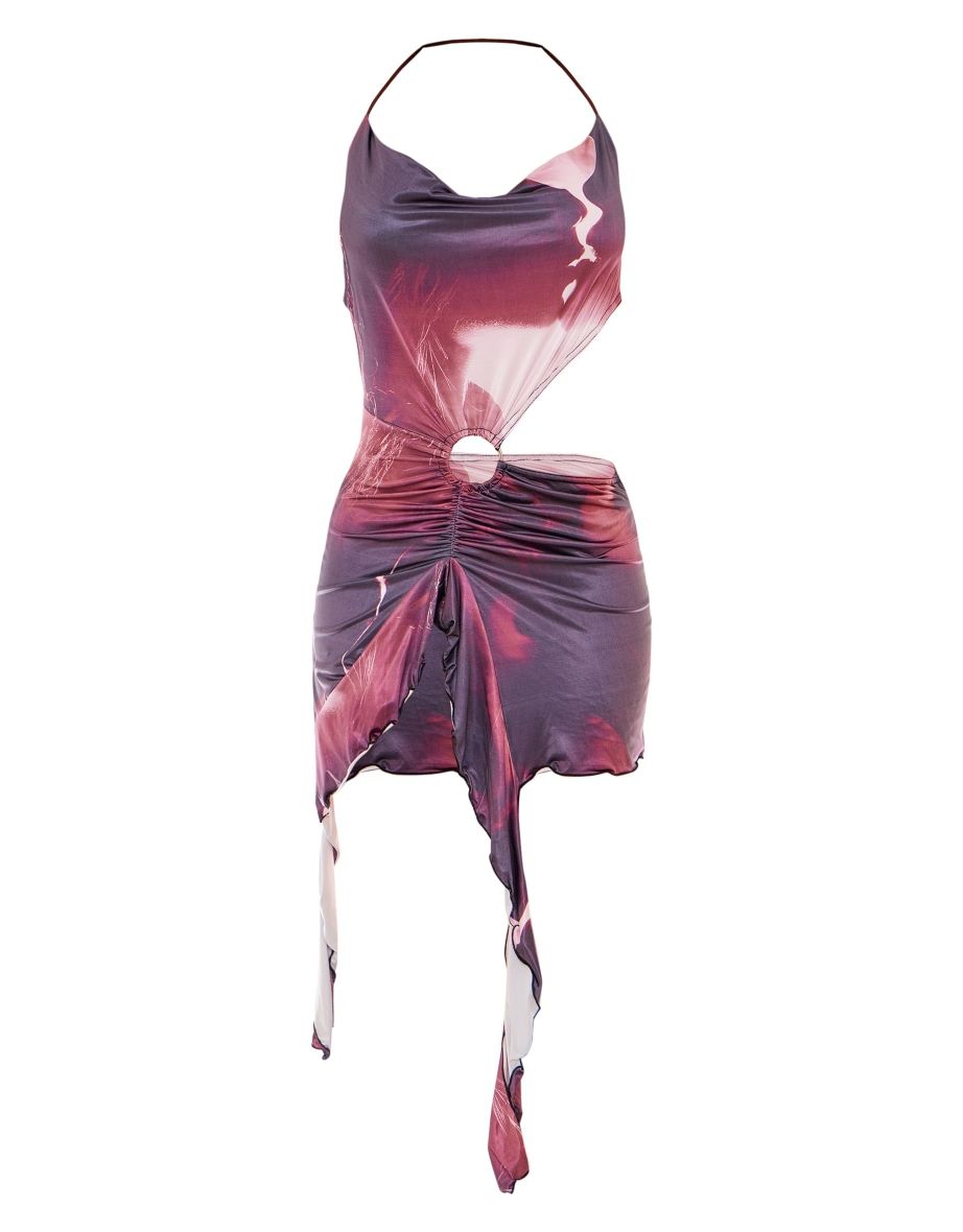 Purple Floral Draped Ring Detail Cowl Neck Mini Dress - 4