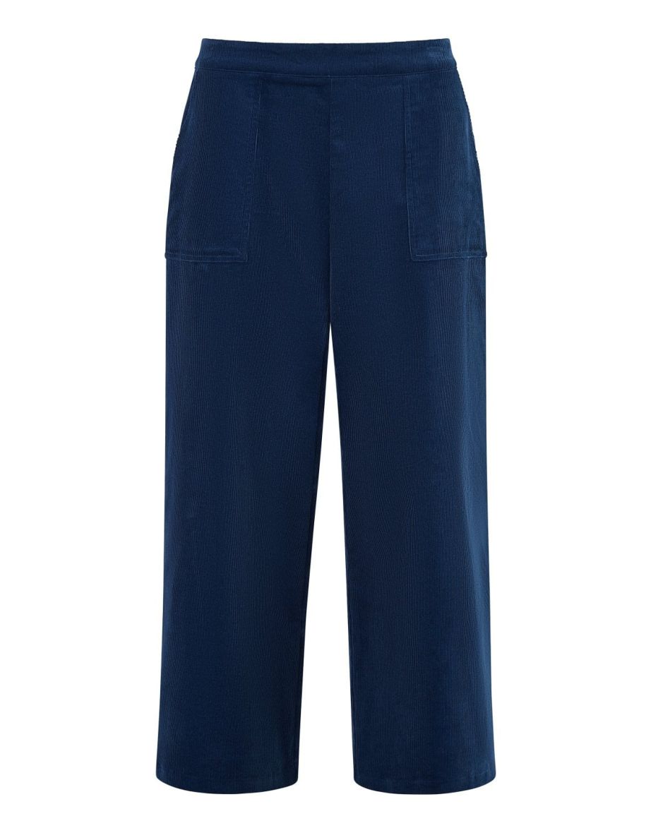 Yumi Navy Cord Cropped Wide Leg Trousers With Pockets - 4