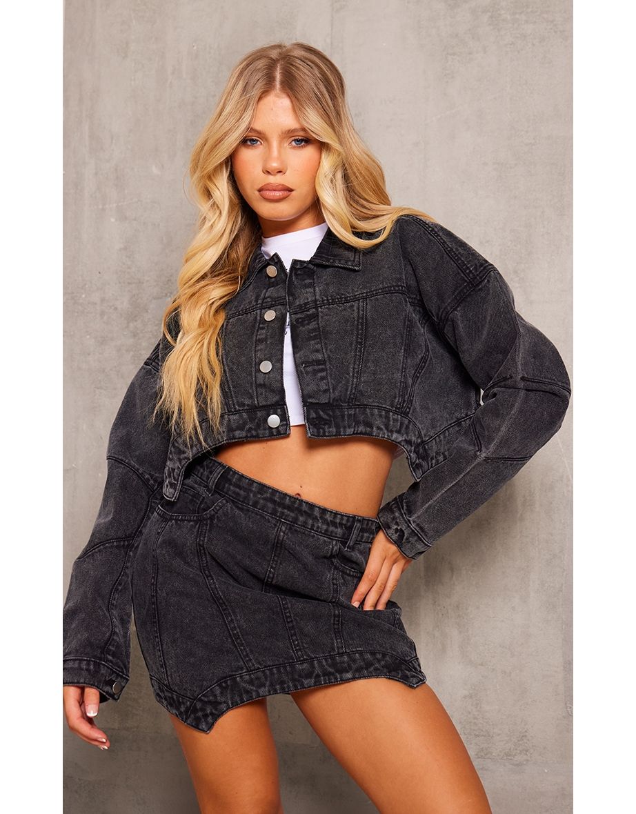 Washed Black Seam Detail Asymmetric Denim Jacket
