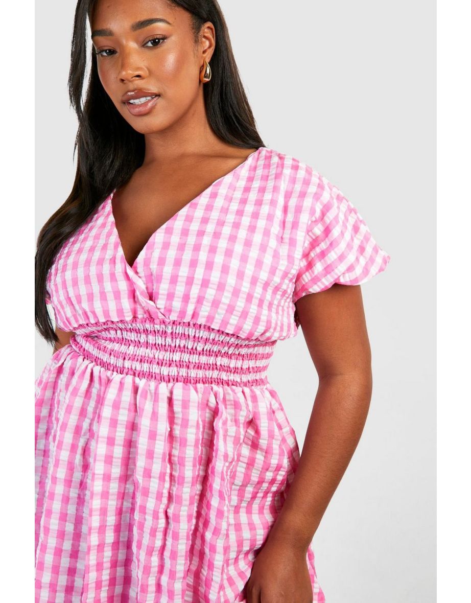 Plus Textured Gingham Puff Sleeve Smock Dress - pink - 3