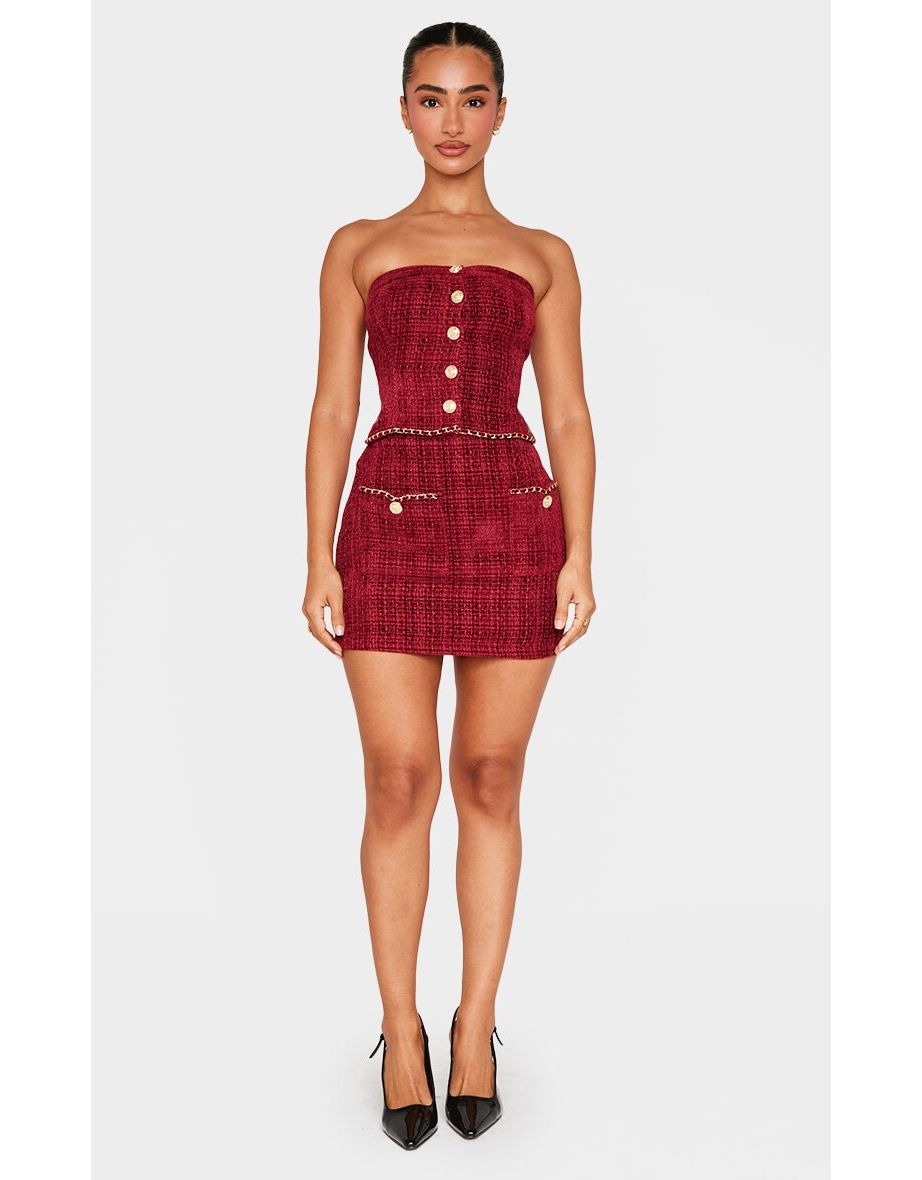 Petite Red Twill Bandeau Button Detail Top