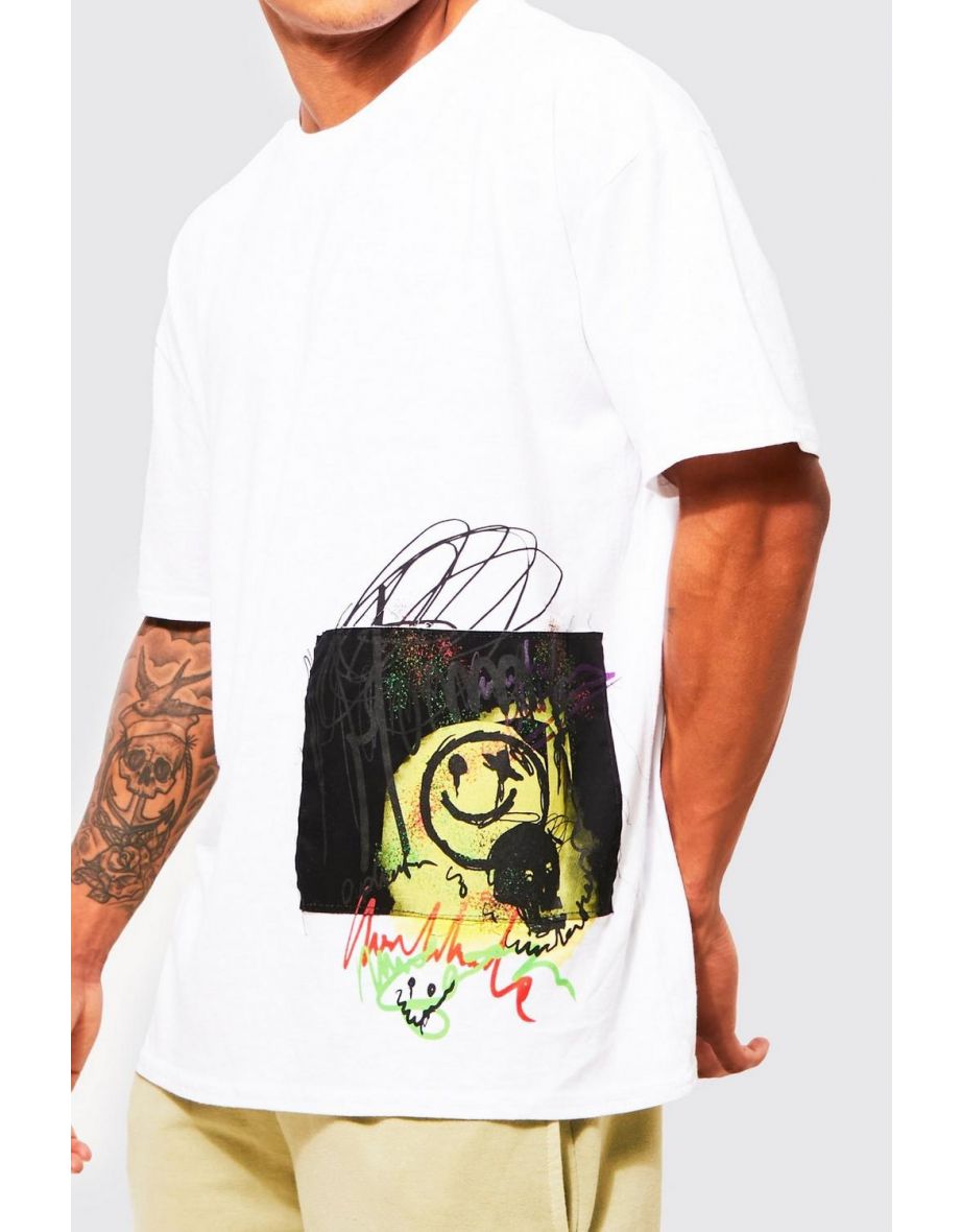 Oversized Patch Graffiti Graphic T-shirt - white - 2