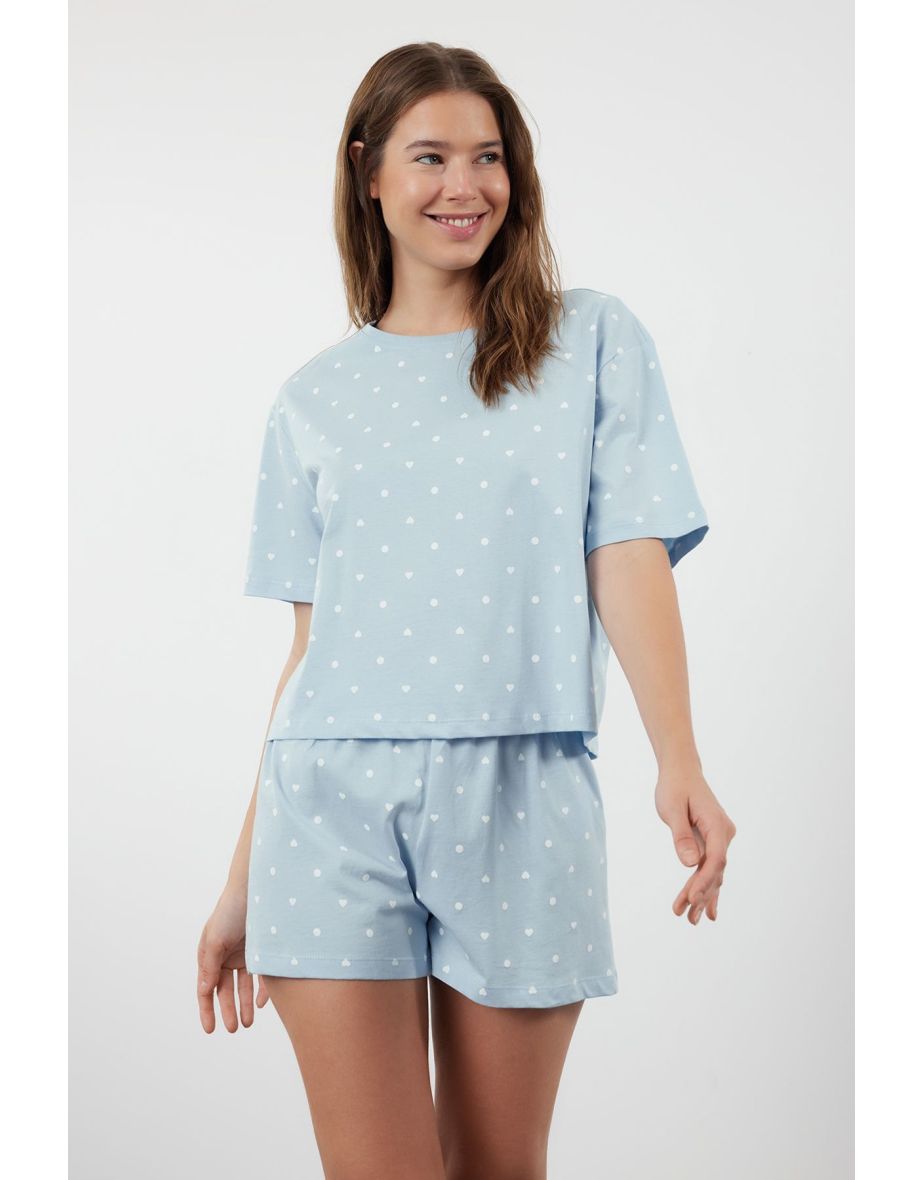 Blue 100% Cotton Heart Patterned T-shirt-Shorts Knitted Pajama Set