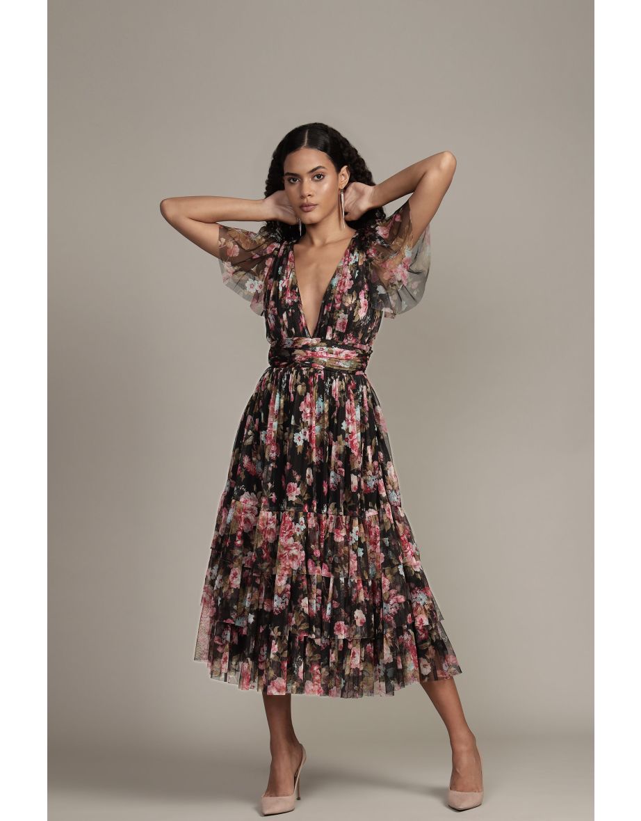 Madison Black Floral Tulle Midi Dress