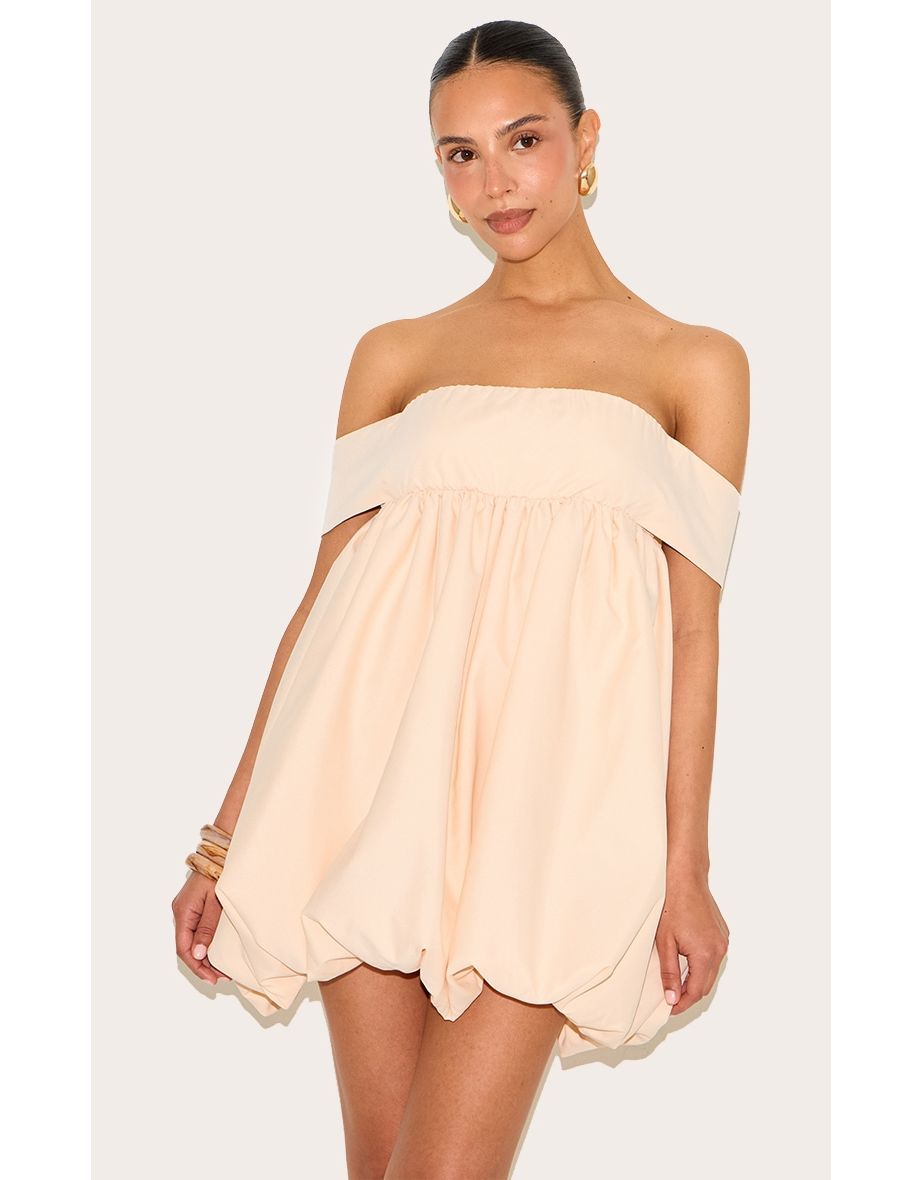 Petite Peach Bardot Puffball Mini Dress